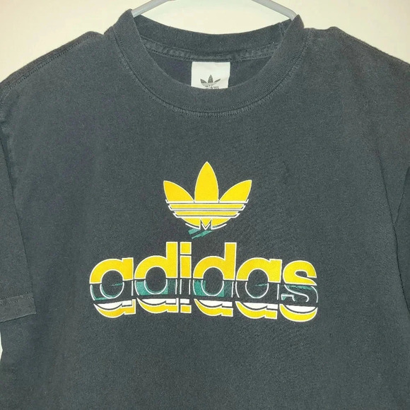 Adidas Original Men's Black Tee colorful trefoil yellow green large LOT E21 - Picture 2 of 4